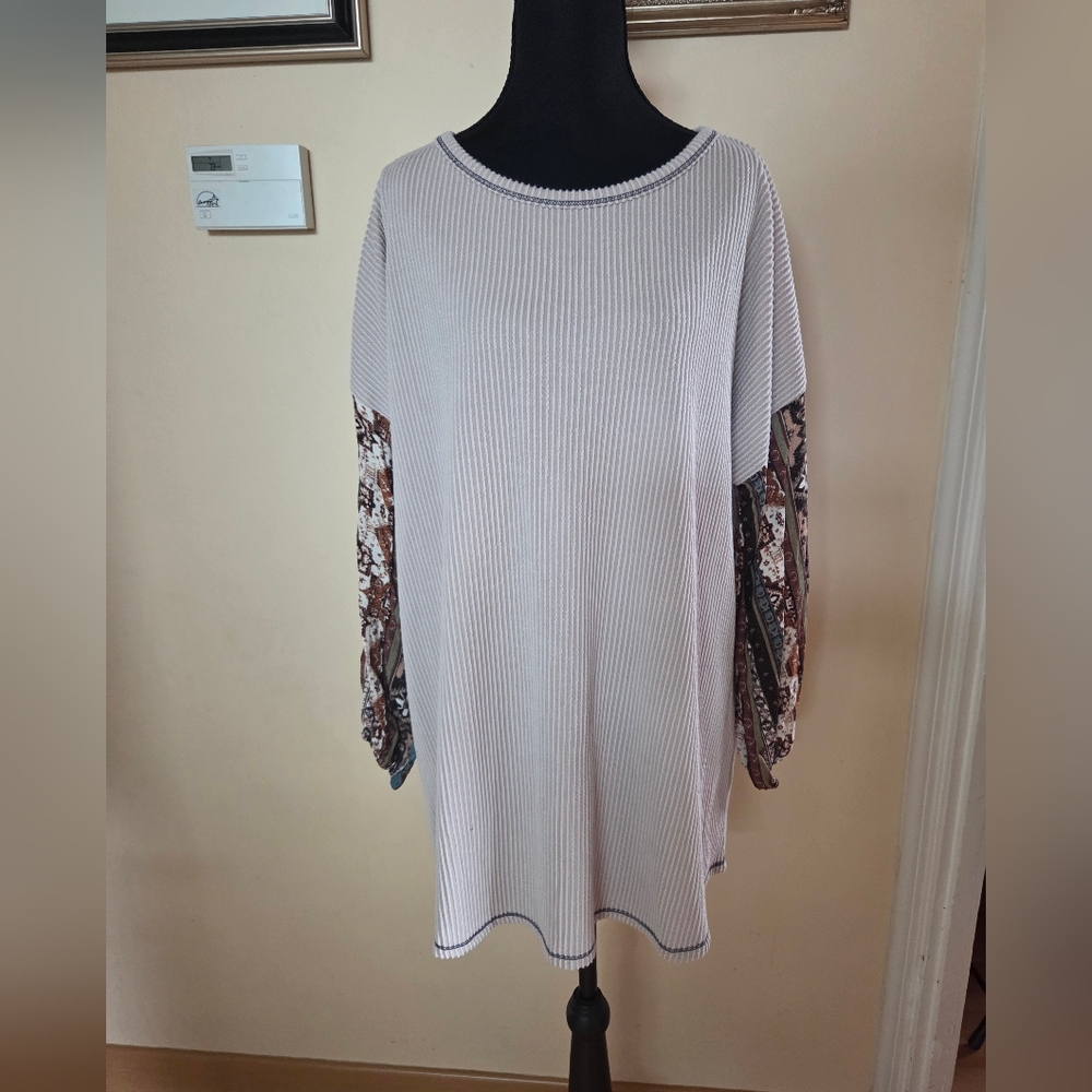 Oatmeal Patterned Boho Sleeve Plus Size Longsleeve Lagenlook Hippie Top Size 2XL